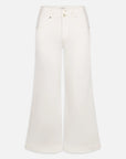 The FRAME Wide Leg Trouser Crop features a high-rise waist, wide-leg silhouette, super-stretch white denim, front pockets, belt loops, and a button-zip closure. Shown on a plain white background.