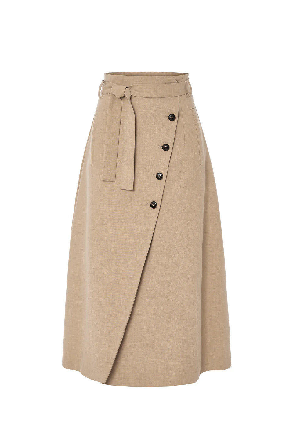 Psophia’s High Waisted Wrap Skirt in beige features a matching fabric belt, side pockets, and a diagonal row of black buttons—an effortless addition to any minimalist wardrobe.