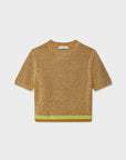 The White + Warren Organic Cotton Mesh Tshirt is a short-sleeve, cropped brown and yellow knit with a loose open-weave, contrasting yellow hem stripe, made from soft organic cotton and shown on a plain white background.