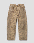 The Miro jeans by Citizens Of Humanity/AGOLDE feature a barrel leg silhouette in tan with a brown and black leopard print, front and back pockets, belt loops, and button fly, shown on a plain light grey background.