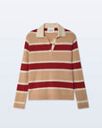 Camel and cream cashmere rugby stripe polo with contrast collar by White + Warren, flat laid on white background.