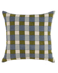The Ezra Pillow by Liam & Lana features a blue, olive green, and off-white checkered design on soft textured linen, adding a cozy touch to any space. Shown here against a white background.