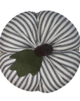 The Faire Pumpkin features black and white vertical stripes, a green felt leaf, and brown stem—a charming farmhouse accent or autumn ornament, shown from above on a white background.