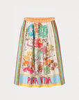 The Vanessa Midi Skirt by Me369 features vivid tropical plant and animal illustrations, an elastic waistband for comfort, "Pura Vida" in red on the hem, and multicolored stripe borders. For a cohesive look, pair it with the matching shirt.