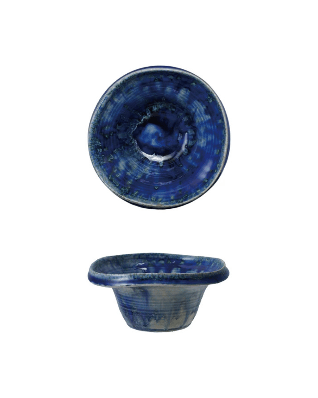 The Creative Co-op DG0494 Reactive Crackle Glaze Bowl features two views: a top view showcasing its circular design and swirling patterns of reactive glaze, and a side view highlighting its small, deep blue stoneware organic shape with a slightly flared rim.