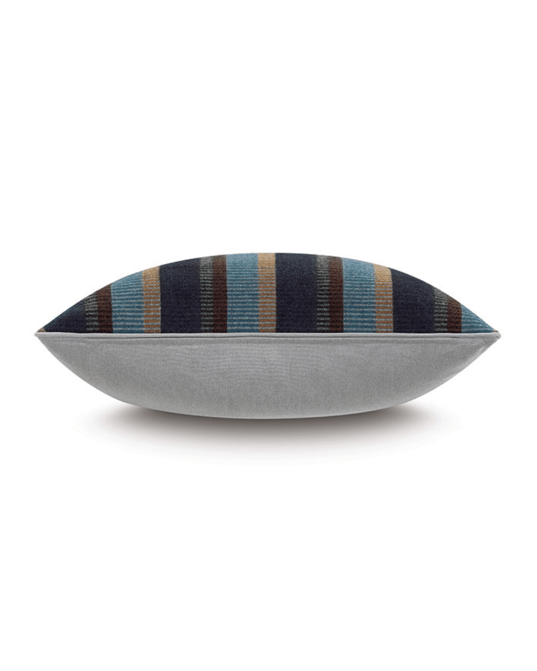 Introducing the Hig Striped Pillow by Eastern Accents. This elegant, horizontally aligned rectangular cushion features a solid light gray fabric on the bottom half and a striped pattern on the top half in shades of black, brown, and blue. The side view of the cushion is showcased against a white background. Included is a luxurious feather down insert for added comfort.