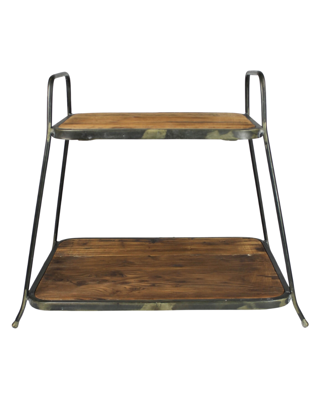 A rustic Catalina Two-Tier Stand bungalow-style wooden and metal shelf with a darker, distressed wood finish and black metal frame, isolated on a white background. (HomArt)