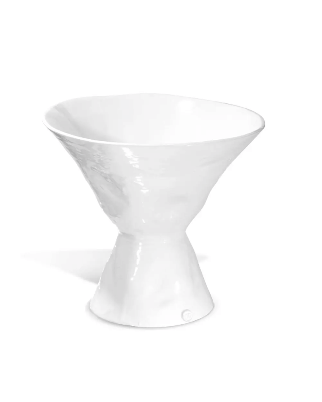 A white, glossy ceramic Catchall Bowl No. 979 from Montes Doggett with a unique, inverted cone shape, evoking the style of a Scottsdale Arizona bungalow, on a plain white background.