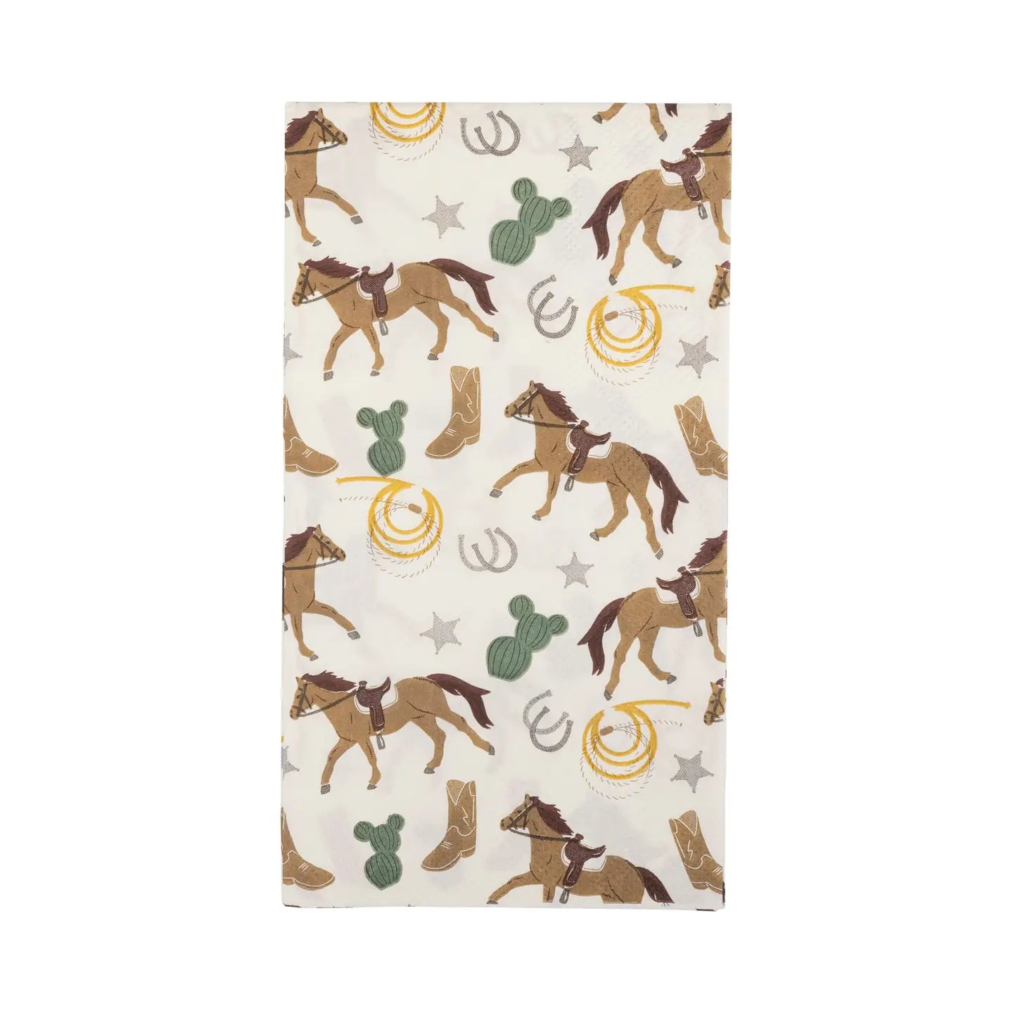 My Mind's Eye Guest/Dinner Napkin features a western-themed rectangular cloth-inspired design with brown horses, cowboy boots, green cacti, horseshoes, and yellow lassos on elegant cream paper.