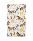 My Mind's Eye Guest/Dinner Napkin features a western-themed rectangular cloth-inspired design with brown horses, cowboy boots, green cacti, horseshoes, and yellow lassos on elegant cream paper.