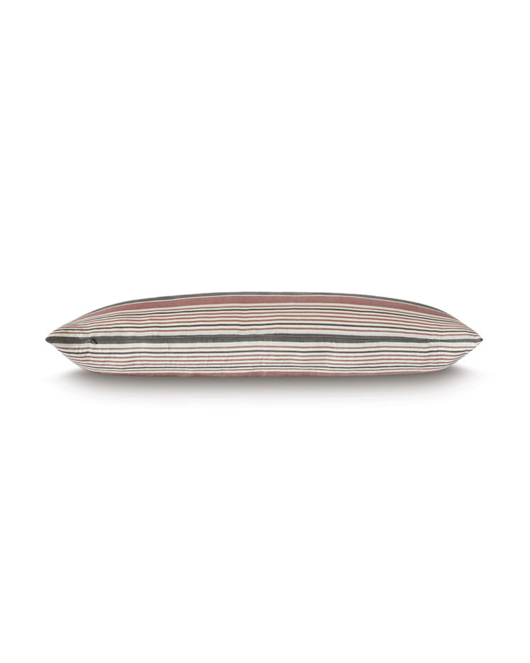 Bungalow-style Chil Striped Pillow with hues of burgundy, cream, and gray, isolated on a white background. The pillow is viewed from the side, emphasizing its thin profile.