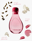 The Faire Boost Reed Diffuser features rose, jasmine, and cardamom notes in a pink ripple bottle, surrounded by cardamom pods, jasmine flowers, and pink rose petals—an elegant floral home fragrance.