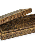 The Faire Rectangular Long Box w Lid is a brown woven storage box with a matching lid, shown partially open on a white background—ideal for sustainable storage and enhancing your home décor with handmade charm.