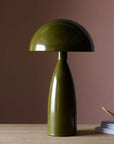 The Leoma Lamp Olive by Abigail Ahern, with its modern dome shade in olive green, sits on a light wooden surface beside a stack of books and an antler against a muted brown wall.