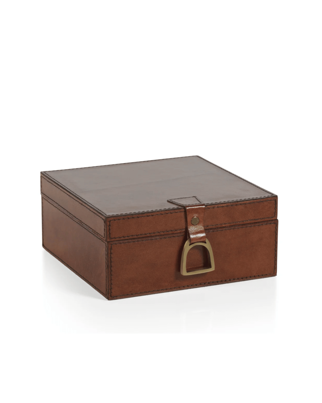 A Zodax Leather Box Small, featuring visible stitching along the edges. The lid is secured with a brass buckle clasp. The box, showcasing its precise dimensions, is placed against a plain white background.