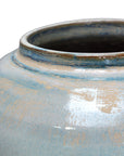 Close-up of the rim and upper section of the Moroson Vase by The Import Collection, a decorative ceramic piece with a glossy mottled blue and beige glaze, wide opening, and smooth, slightly textured surface.