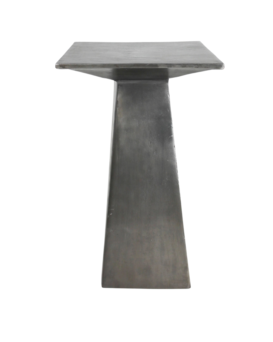 A minimalist metal Gaven Side Table with a square top and a tapered base, displayed against a white background in Scottsdale, Arizona. Brand Name: HomArt