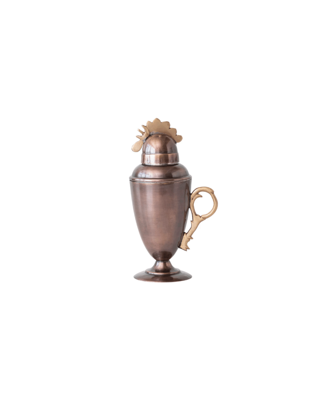 An antique bronze Rooster Cocktail Shaker by Creative Co-op with an ornate lid and handle, isolated on a white background, reminiscent of a Scottsdale bungalow.