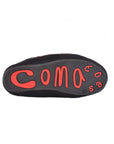 The black Coma Toes lounge slipper by Faire features "COMA" and playful red letters spelling "s o e s" creatively arranged on the sole.