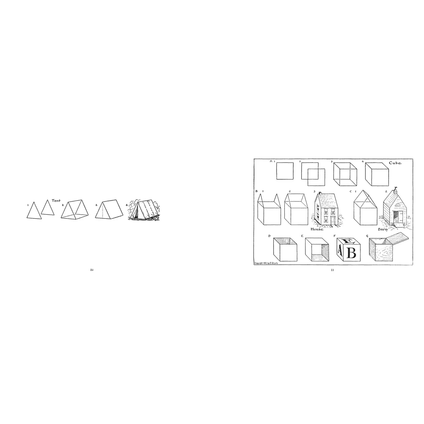 Faire’s "What To Draw and How To Draw" features two pages of black and white geometric drawings—pyramids and a tent on the left; cubes, house shapes, and an “A B C” block on the right—an ideal guide for budding artists.