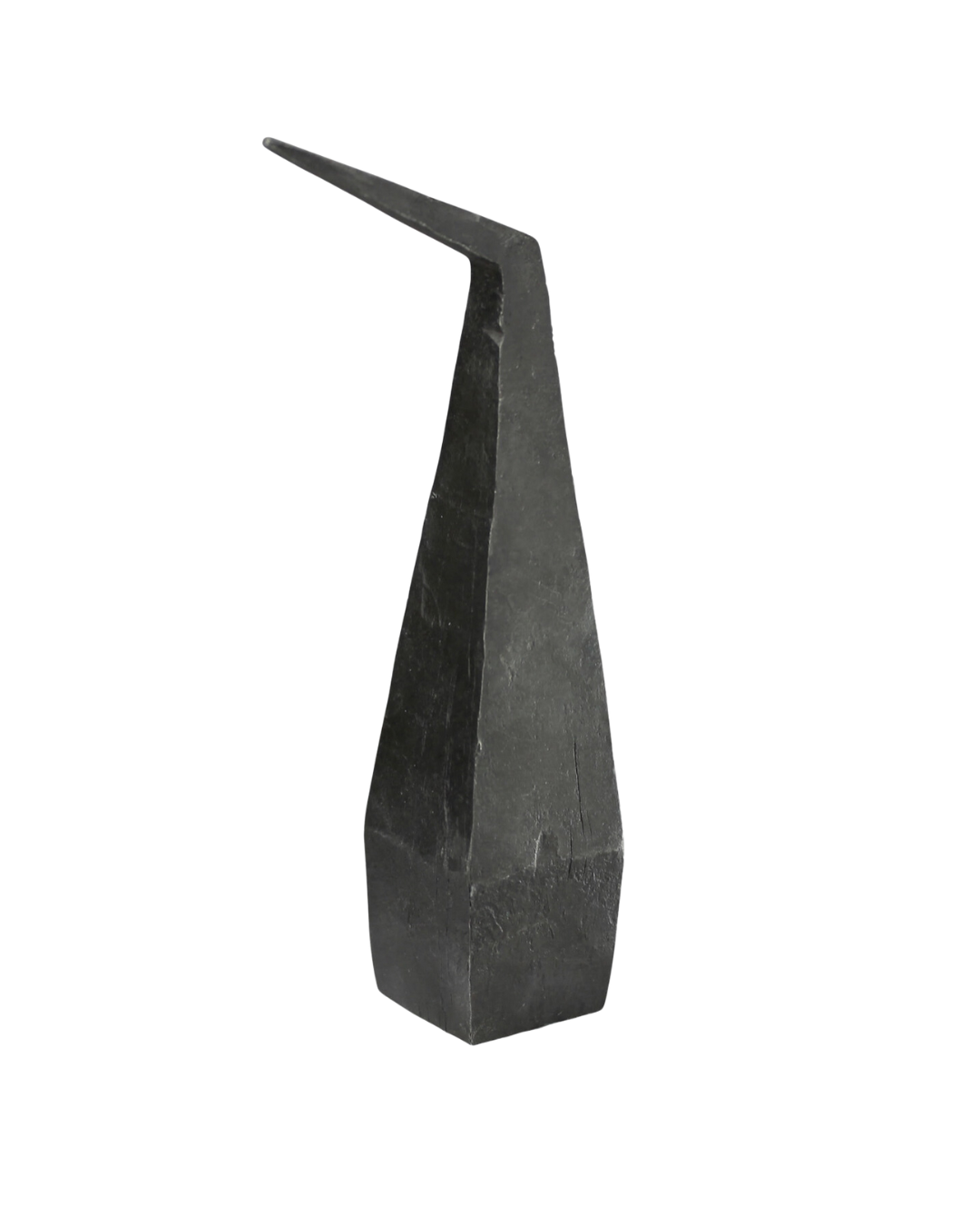 A modern, abstract black sculpture with a sharp, angled peak, resembling a minimalist bird or an artistic representation of a mountain, isolated on a white background in Scottsdale, Arizona by HomArt's Forged Iron Bird Large.