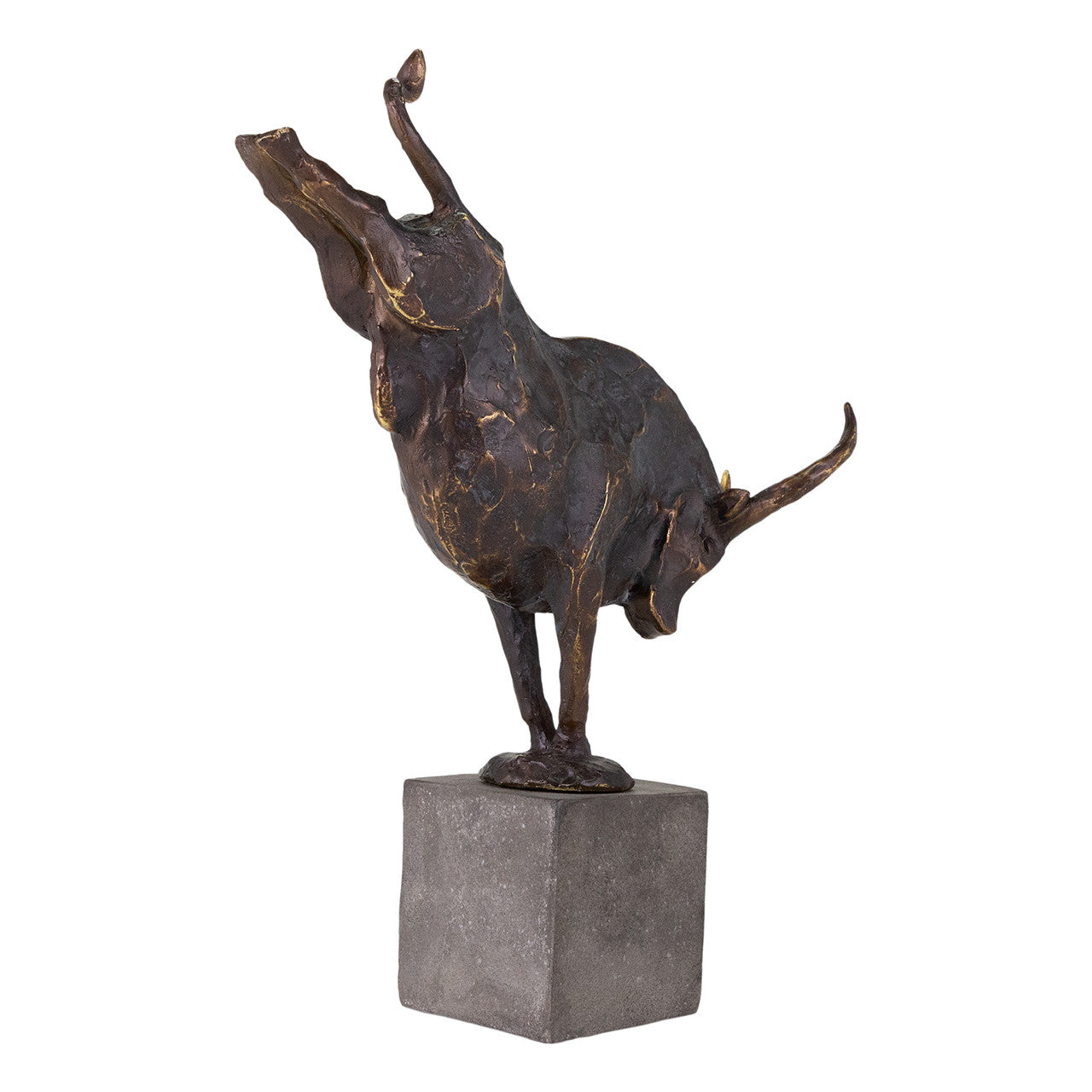 The Import Collection's Bull Statuary features an abstract bronze bull standing on two legs with a raised head and front leg, set atop a square stone base for bold, modern home decor.