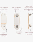 The Faire Vintage Skateboard with a white deck and wood edges is shown from top, side, and bottom views. Callouts highlight its 8-ply Canadian maple deck, soft transparent grip tape, aluminum trucks, high-rebound wheels, and chrome bearings.