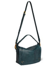The Pepito Medium Bag by Jerome Dreyfuss is a chic dark green leather shoulder bag with a quilted handle, long adjustable strap, gold-tone hardware, and decorative studs on the bottom corners. Its simple, elegant design makes it perfect for any occasion.