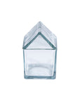 The Creative Co-op DG0272 Glass House Shaped Jar with Lid is crafted from recycled glass, featuring a pitched roof design, and is shown front-facing against a white background.