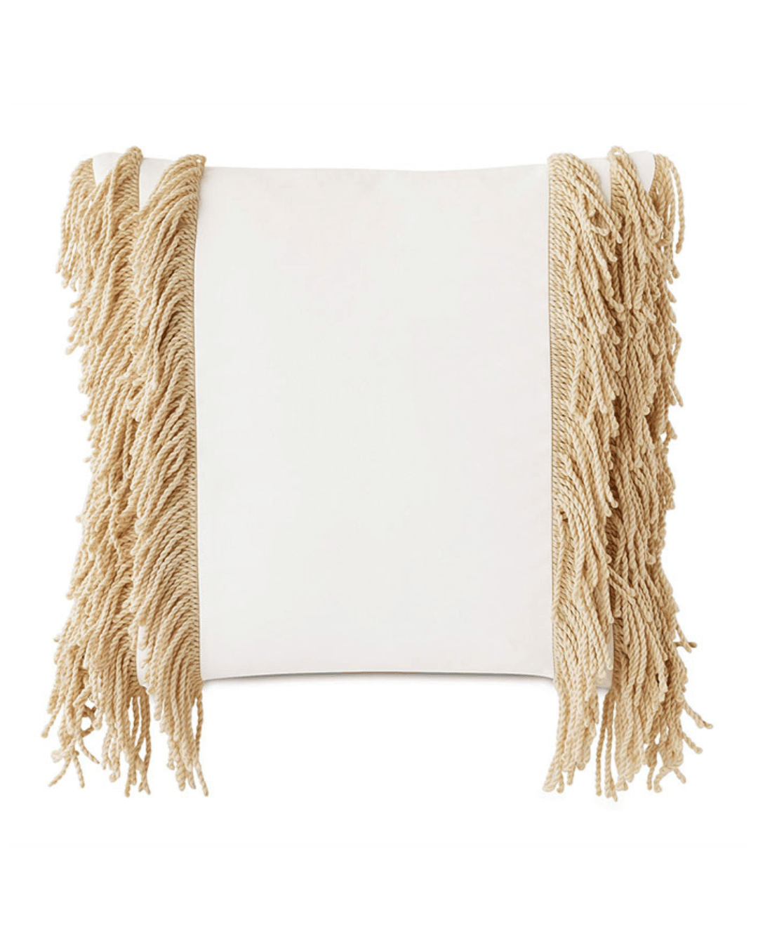 Decorative pillow with beige macrame-style fringes on the sides, displayed on a white background. The central part is plain white, making a contrast with textured edges inspired by Eastern Accents style.