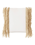 Decorative pillow with beige macrame-style fringes on the sides, displayed on a white background. The central part is plain white, making a contrast with textured edges inspired by Eastern Accents style.