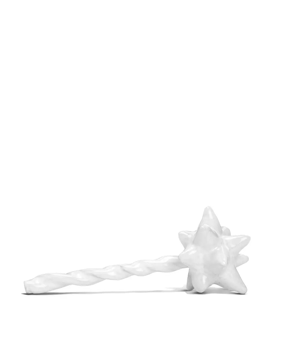 The Montes Doggett 4889 Wand No. 889 is a white, high-fired ceramic piece shaped like a twisted wand with a star-shaped ball at one end. Uniquely designed, it's also dishwasher safe and shown on a plain white background.