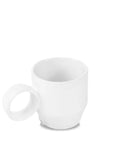 The Montes Doggett Mug No. 925 is a white, high-fired ceramic mug with an oversized circular handle. Dishwasher and microwave safe, it combines striking design with everyday convenience.