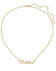 The Faire Script Necklace is a gold chain with a "Golden" cursive pendant, handmade in the USA. It features an adjustable clasp for a perfect fit.