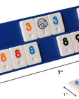 The Faire Travel Rummy set includes a blue tile rack (7" x 2.3") for numbered tiles in orange, black, blue, and red (tiles: 1"x0.75"), perfect for Rummy or family fun on-the-go.