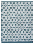 The Faire Big Sky Lightweight Blanket is made from Chappy material, with a light gray base, repeating blue six-pointed stars, and two horizontal blue stripes along the bottom.