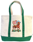 The Faire "Hey Good Lookin'" bag is a cream and green embroidered tote featuring a pony with a blue mane and a heart sign—perfect for daily essentials or as a cute makeup bag.