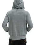 A person is shown from the back, standing with hands on hips against a white background, wearing the Aviator Nation 5 stripe - zip hoodie in gray and dark jeans.