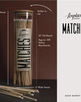 The Faire Fireplaces Apothecary Matches feature a 12" tall jar with a wooden lid and striker, holding long 10" matches. The apothecary vessel is labeled "MATCHES," with vintage-style matches scattered in front for display.