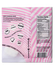 Back of a pink and white striped Faire Foamy Strawberry Dream candy bag shows the product description with bold words like "NOPE" and "ALWAYS," nutrition facts, non-GMO label, social media handles, and notes it's strawberry foamy bites made in Sweden.