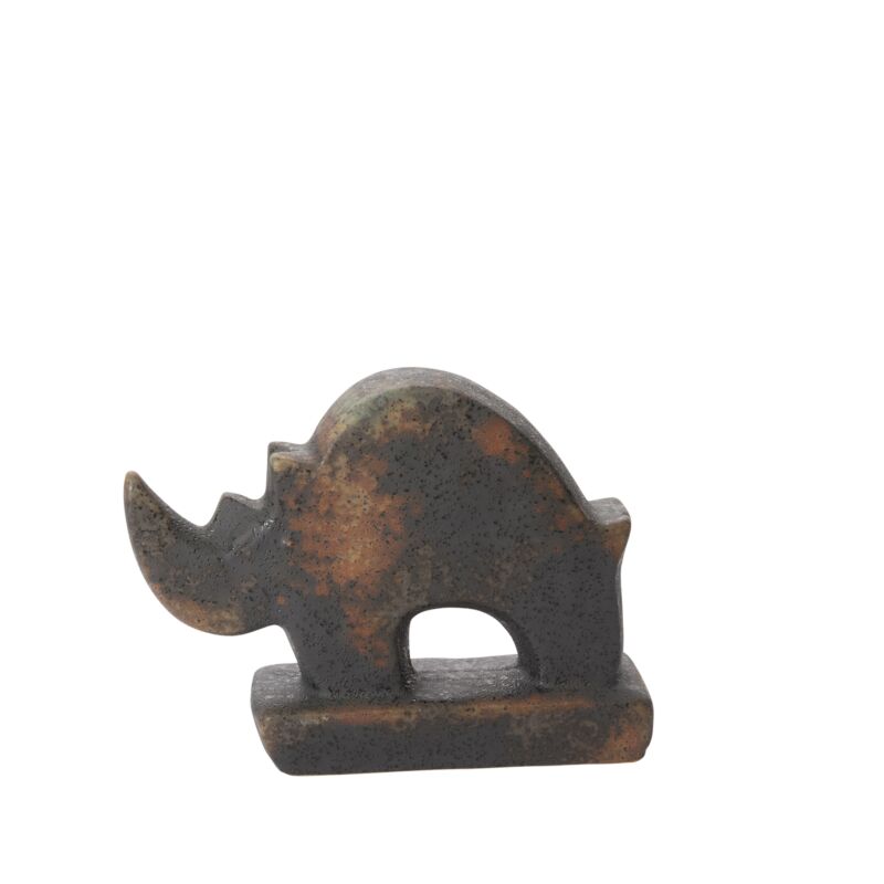 The Accent Decor Rhino Sculpture features a small, rustic, minimalist design with a mottled brown and dark gray finish on a rectangular base—perfect as a unique home accent piece.