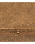 The Gatsburg Shagreen Box by Sarreid is a rectangular Tawny Brown leather storage box with a textured finish and small round front knob, displayed closed from above on a white background.