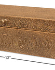 The Sarreid Gatsburg Shagreen Box features a tawny brown finish, rectangular shape, and small round front knob. Measuring 12"L x 6"D x 3"H, it adds transitional elegance and functional storage to any room.