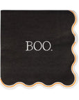 The Cocktail Paper Napkin by My Mind's Eye is a black holiday napkin with scalloped orange and white edges and "BOO." in bold white letters at the center—ideal for your next festive gathering.