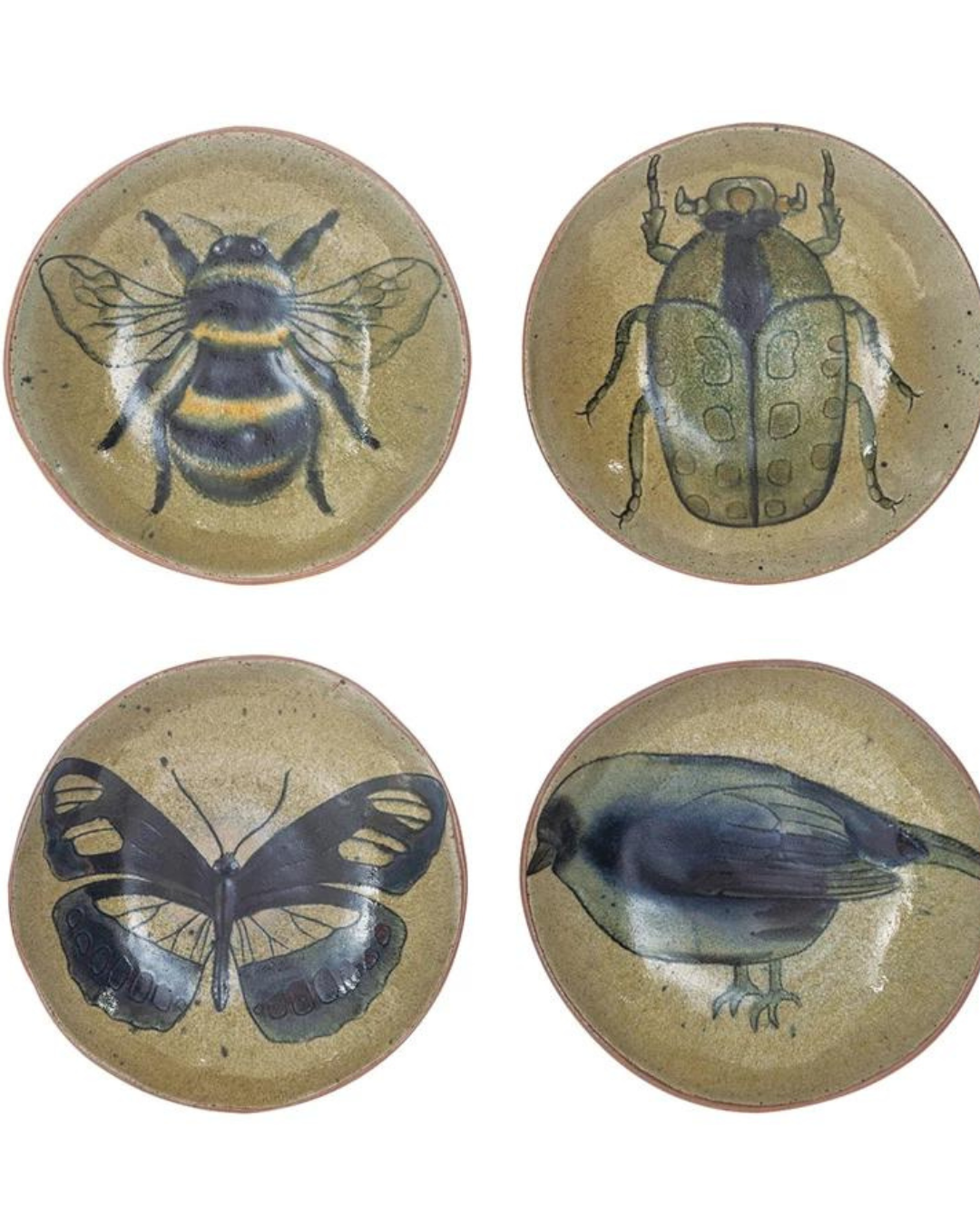 Four stoneware plates from Creative Co-op feature insect and bird illustrations. Each has a multi-color design on beige with a reactive crackle glaze for texture.