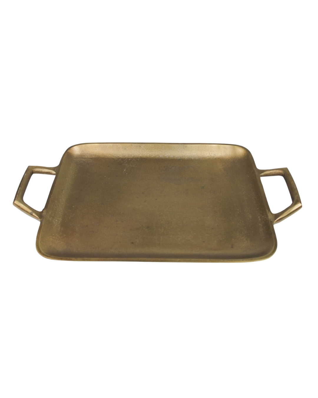 A plain, rectangular Murray Tray Brass Small with two handles, isolated on a white background, evocative of a bungalow style.