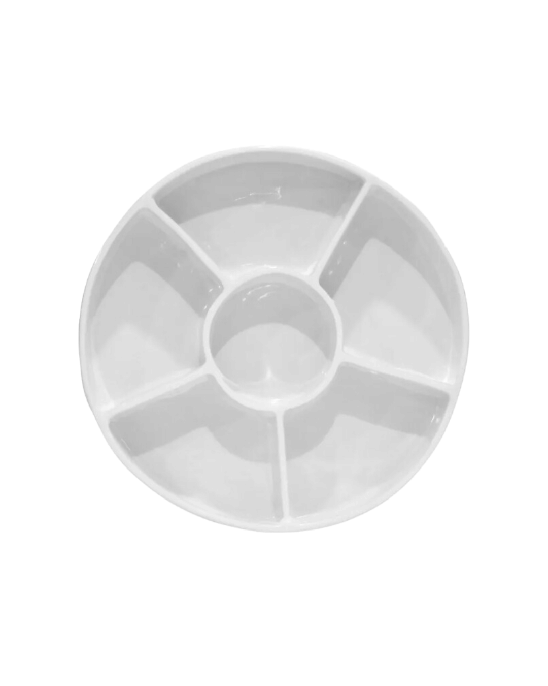 A white, round plastic serving tray with seven compartments, one in the center and six surrounding it, designed in Bungalow style, isolated on a white background. Model: Appetizer Platter No. 717 by Montes Doggett.