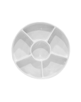 A white, round plastic serving tray with seven compartments, one in the center and six surrounding it, designed in Bungalow style, isolated on a white background. Model: Appetizer Platter No. 717 by Montes Doggett.
