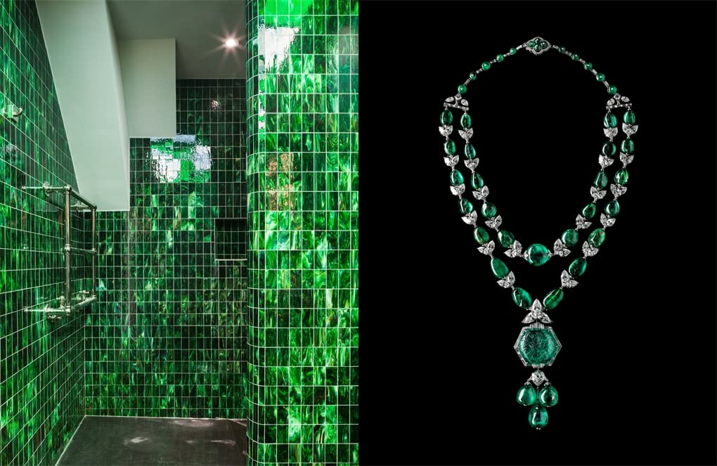 On the left, a bathroom with glossy green marble tiles embodies luxe green design. On the right, Hachette Book Group’s “G: Forever Green” shines like an ornate emerald and diamond necklace against a black background.