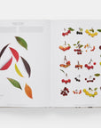An open book, "STILL The Art of Nothing" by Hachette Book Group, shows assorted colored leaves in an arc on the left page and varieties of cherries with stems on the right, inspired by Mary Jo Hoffman's nature photography practice.
